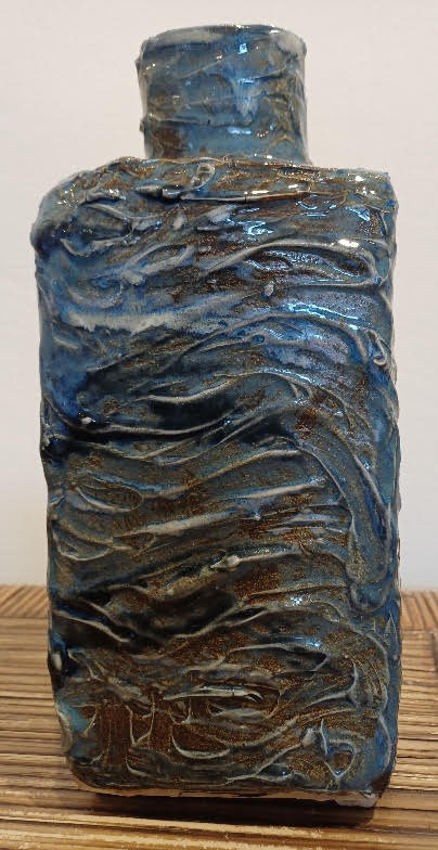 Square textured bottle vase with blue and white glazes by Ray Toms